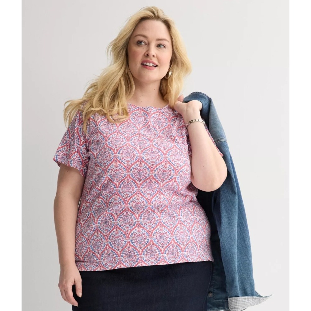Croft & Barrow Top Crewneck Tee Women's Plus Size 2X Classic Red Blue Damask NEW
